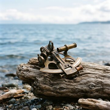 A vintage brass nautical sextant resting on a piece of weathered driftwood on a rocky beach with the blurred blue ocean water in background