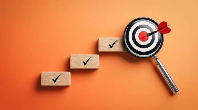 Success Steps: A visual representation of achieving goals, with wooden blocks marked with checkmarks leading to a bullseye target viewed through a magnifying glass, symbolizing focus and precision.