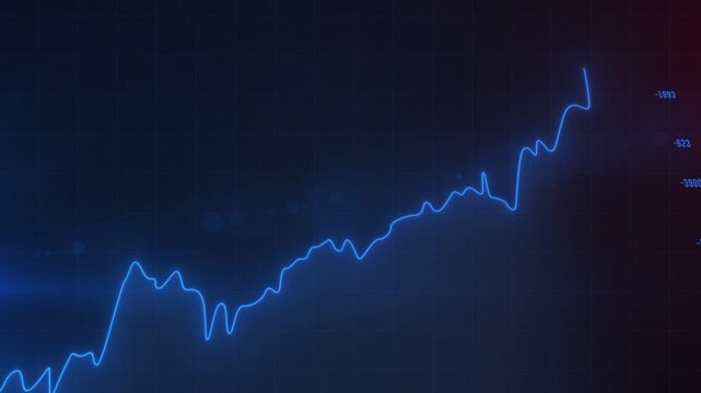 Glowing Blue Stock Market Line Chart Moving Upward on Dark Grid Background with Financial Data Numbers animation.