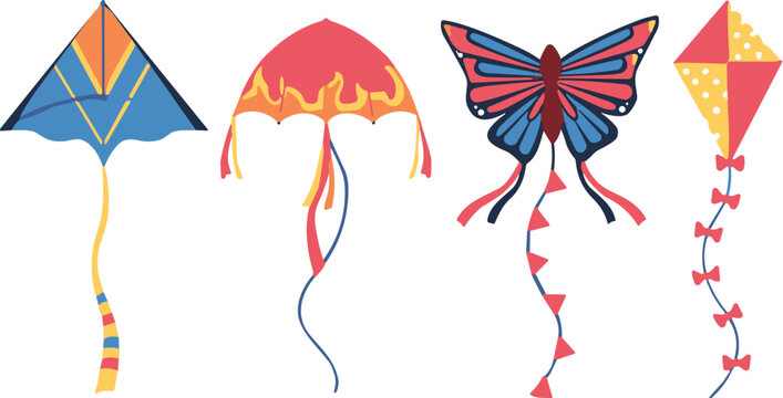 Colorful Flying Kite Vector Element Set Featuring Butterfly Diamond and Jellyfish Shapes with Long Decorative Tails for Outdoor Summer Activity Graphics