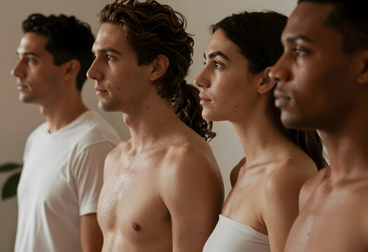 Diverse group of young adults in profile, unity, wellness, and natural beauty, with focus on skin health
