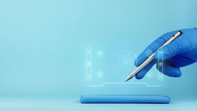 A doctor holds a smartphone with a medical interface. An application with an artificial intelligence chip for diagnosis and clinical processing. Modern medicine. Isolated on a light blue background.