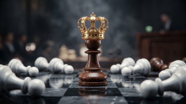 King's Gambit: A solitary chess king, adorned with a golden crown, stands victorious on a checkered board, surrounded by defeated pawns, symbolizing strategic dominance and ultimate triumph.