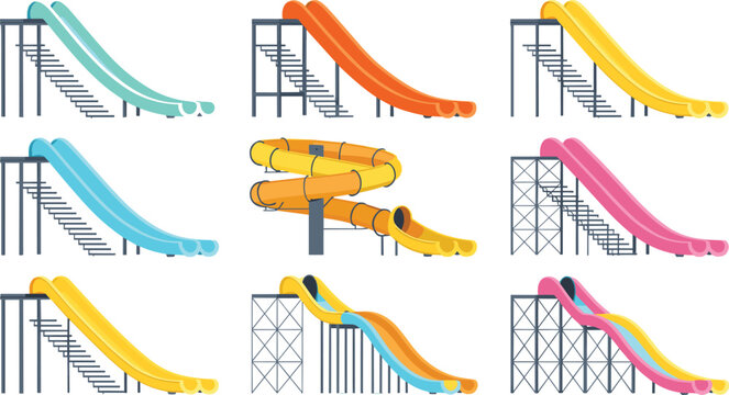 Water Slide Vector Icon Set Featuring Colorful Aqua Park Chutes and Swimming Pool Playground Structures for Summer Vacation Theme Designs