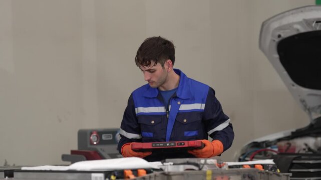 Mechanic using tablet for car repair in garage wearing uniform and glove checking vehicle engine diagnostic service maintenance