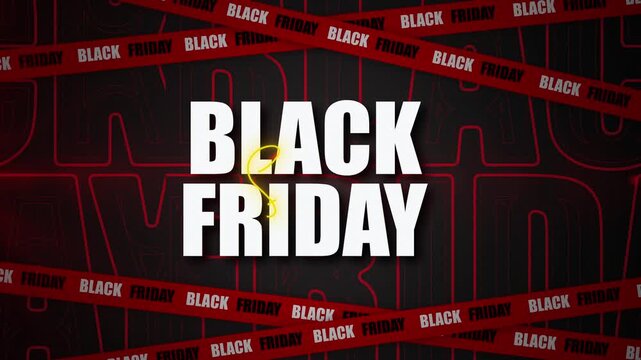 Black Friday Sale Animated Title Card with Red Branded Caution Tape and Glowing Outline Text on Dark Red Background  animation.