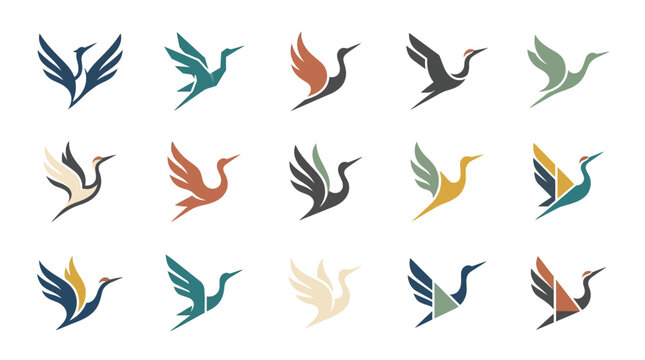 Stylized bird logos in flying and standing poses.