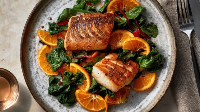 Pan fried cod with orange slices and swiss chard on a rustic plate for restaurant menu design and healthy recipe promotion