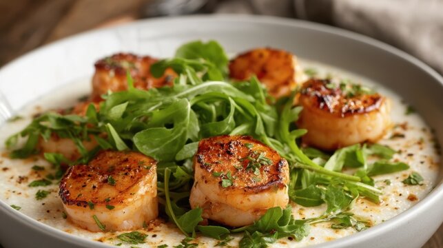 Seared shrimp on creamy cauliflower grits topped with fresh arugula for restaurant menu, dinner plate background and gourmet recipe presentation