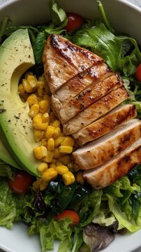 Sliced grilled lime chicken with avocado corn and mixed greens salad for healthy lunch bowl and menu design