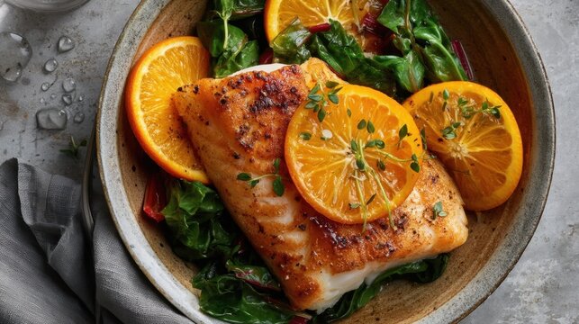 Seared cod fillet with orange rounds and wilted swiss chard in a bowl for closeup food styling and recipe content