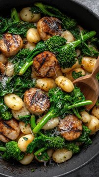 Skillet gnocchi with sausage and broccoli rabe in parmesan butter sauce for menu background and recipe blog food styling