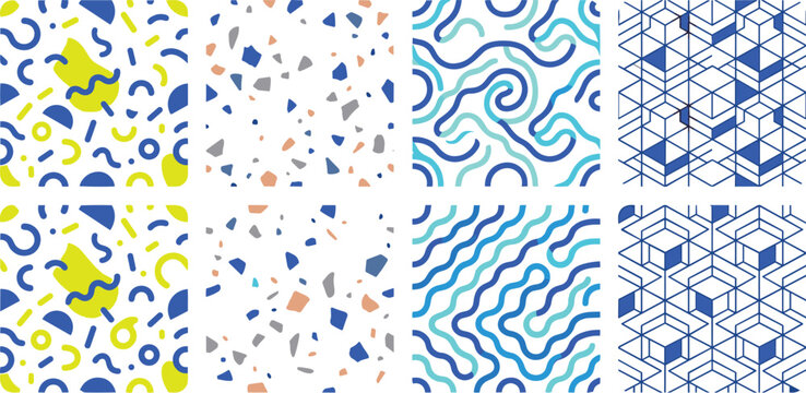 Abstract Geometric Seamless Pattern Bundle Featuring Memphis Style Terrazzo Mosaic Wavy Intersecting Lines and Isometric Blue Cubes for Digital Backdrops