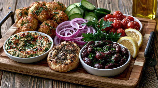 Mezze serving board with marinated olives, spiced meatballs, pita and dips for menu layout and restaurant banner background