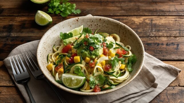 Zoodles with avocado and mango sauce in a rustic bowl for menu and recipe background showcasing healthy vegan zucchini noodle lunch