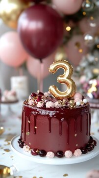 Third birthday celebration with chocolate drip cake and balloons