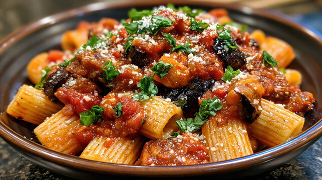 Rustic rigatoni pasta alla norma with eggplant basil and pecorino in chunky tomato sauce for food menu hero image and banner use