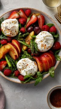 20 minute burrata salad with stone fruit and asparagus for recipe post and summer menu photography for social media and food blog