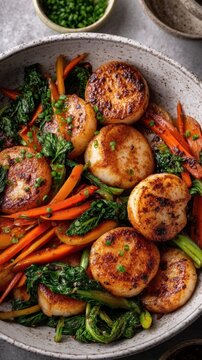 Pan seared rice cakes with sauteed greens and carrots in savory sauce for recipe layout and nutritious dinner background