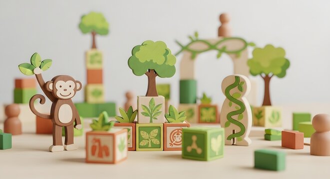 Cute wooden toy blocks set with monkey character trees and nature icons for children play and early childhood education