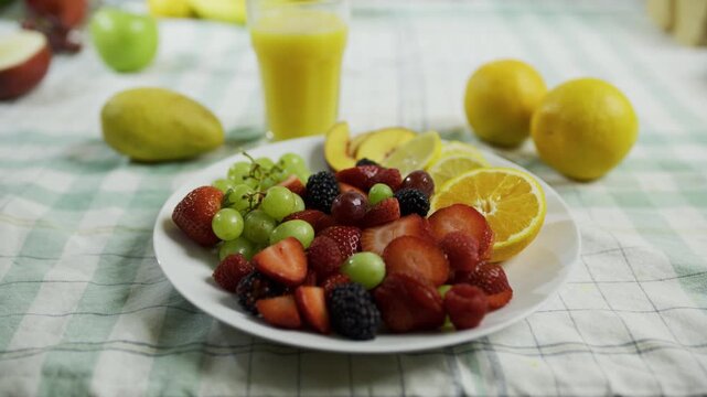 Dolly in on fresh fruit on plate near cup of orange juice - medium shot