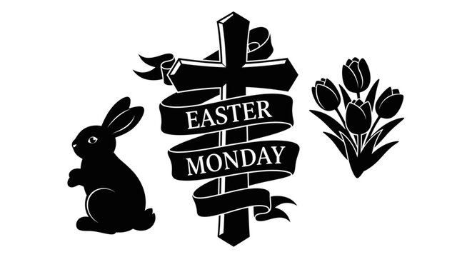 Easter monday symbols with monday graphic bunny bunny cross tulips black easter celebration silhouette religion flowers holiday rabbit with Spring