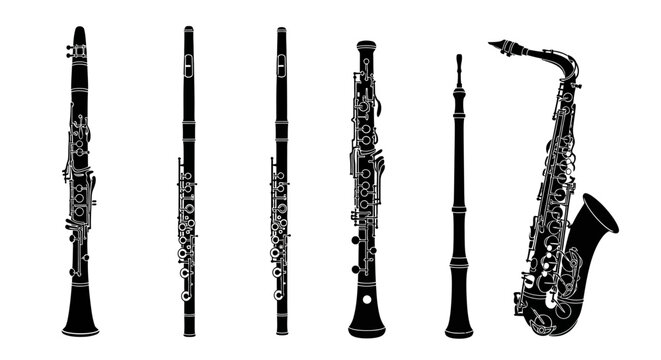 Six black and white illustrations of musical instruments with instruments including oboes bassoons flute saxophone saxophone arranged row classical