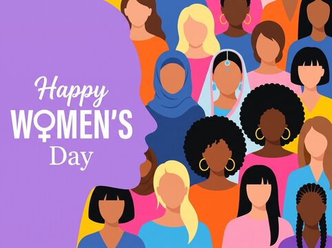 Happy Women's Day Greeting Card with Diverse Group of Women Avatars and Female Profile Silhouette Illustration