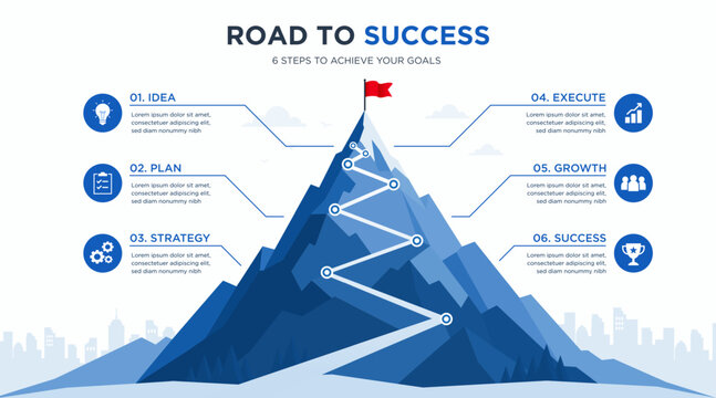 Road, Success, Mountain, Infographic, Business vector illustration with six step roadmap, goal achievement, flag on peak, icons, and modern blue flat design. Professional business infographic template