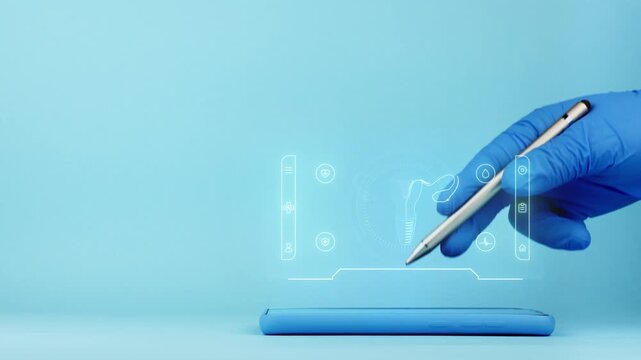 A doctor's hand presents a medical interface on a smartphone. App for uterus and reproductive health. Modern medicine. Isolated on a light blue background.