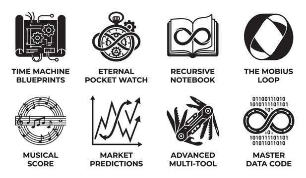 Time machine blueprints eternal pocket watch recursive notebook mobius loop musical score.