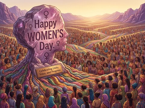 International Women's Day Illustration with Diverse Crowd of Women Gathering Around a Large Monument in a Mountain Landscape