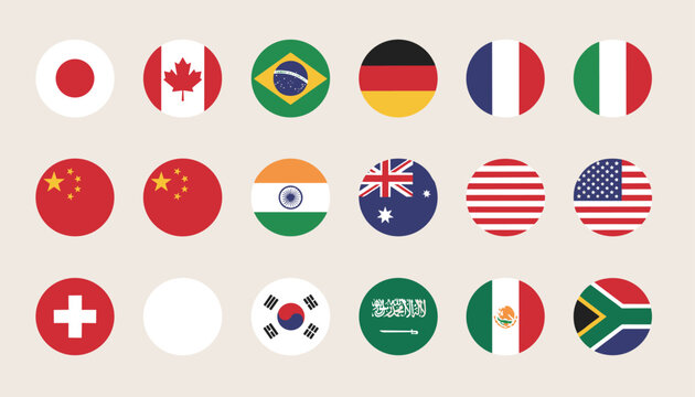 Comprehensive collection of international country flag icons in circular buttons representing global nations in a clean graphic format.