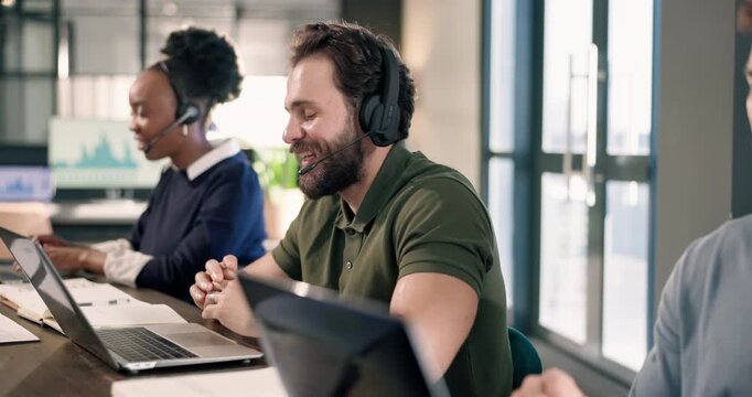 Call center, laptop and man in office with headset, contact us or telecom advisory in crm service. Talking, coworking and happy agent with microphone, online assistance and enquiry in client support.