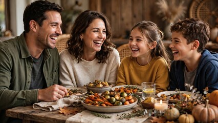 Fototapeta premium Family gathers around the table to enjoy food and laughter during a festive meal in a cozy home setting