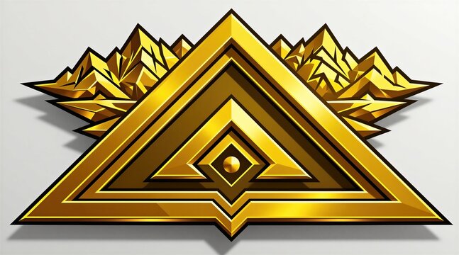 Gold triangular emblem with mountain landscape backdrop. Shiny metallic geometric icon features sharp edges, dark shadows. Modern luxury symbol with glowing yellow texture, abstract pyramid