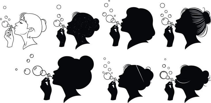 Collection of black silhouettes and outlines of women blowing soap bubbles on white background