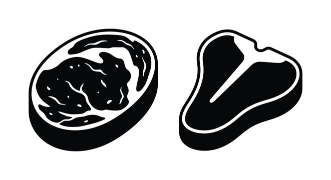 Two Cuts Of Beef Steak Black Silhouette Against A White Background meat