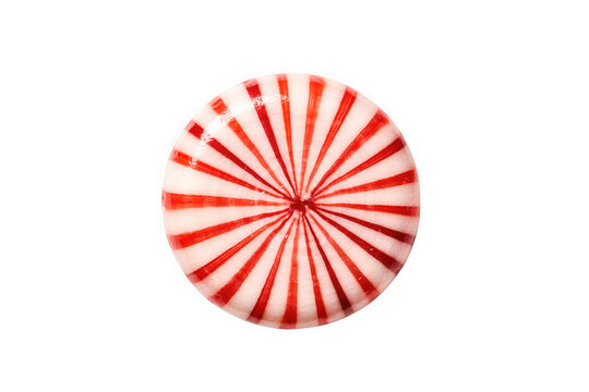 Single round peppermint candy with red and white spiral stripes isolated on transparent background classic holiday sweet treat for confectionery visual art.