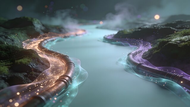 Digital illustration of glowing industrial pipes running along a foggy river terrain ideal for energy transport oil gas pipeline clean power and smart infrastructure background