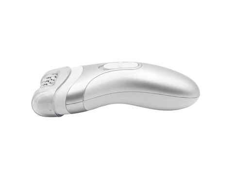 Silver epilator with rotating heads and ergonomic grip on transparent background hair