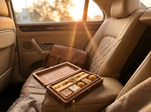 Elegant rakhi and premium sweets box placed on luxury car seat at golden hour for raksha bandhan gift delivery and lifestyle celebration background
