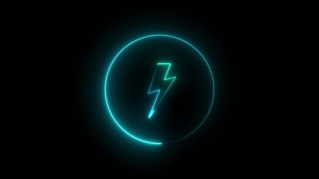 Neon lightning icon animation in neon circle icon. Glowing neon thunderbolt sign,neon battery charging icon animation, Neon bolt sign. neon lightning bolt, 4k motion video .