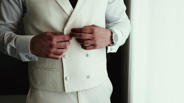 Man fastening double breasted vest buttons wearing wristwatch