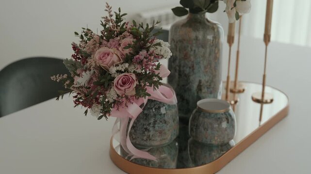 Pink rose bouquet with ribbon beside ceramic vases on mirrored tray