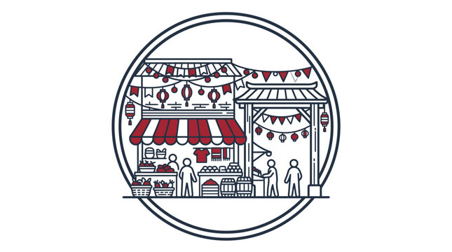 Traditional Marketplace Circle Icon with Bunting and Shops
