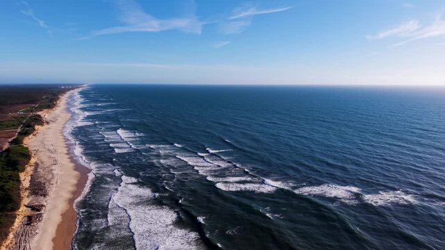 Aerial - Sao Pedro de Maceda beach coastline waves near Ovar Portugal