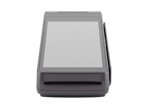 Portable point of sale terminal with card reader gray plastic casing on transparent background