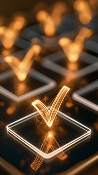 Glowing Check Marks: A conceptual image depicting a row of glowing, golden check marks within illuminated boxes, symbolizing completion, success, or confirmation. The abstract.
