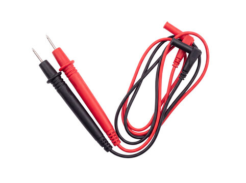 Red and black multimeter test leads with metal probes on transparent background